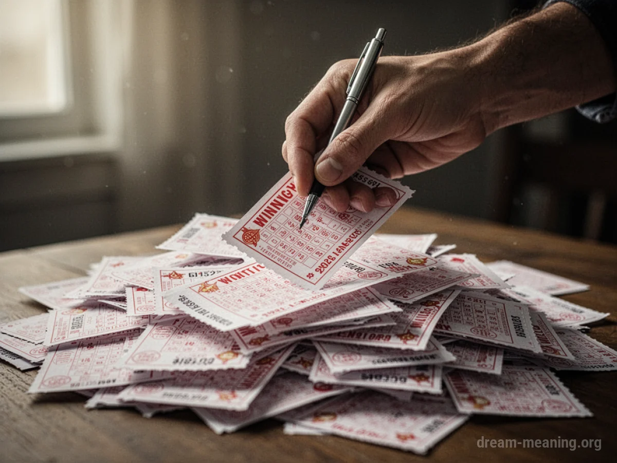 A hand pulling multiple winning lottery tickets from a stack.