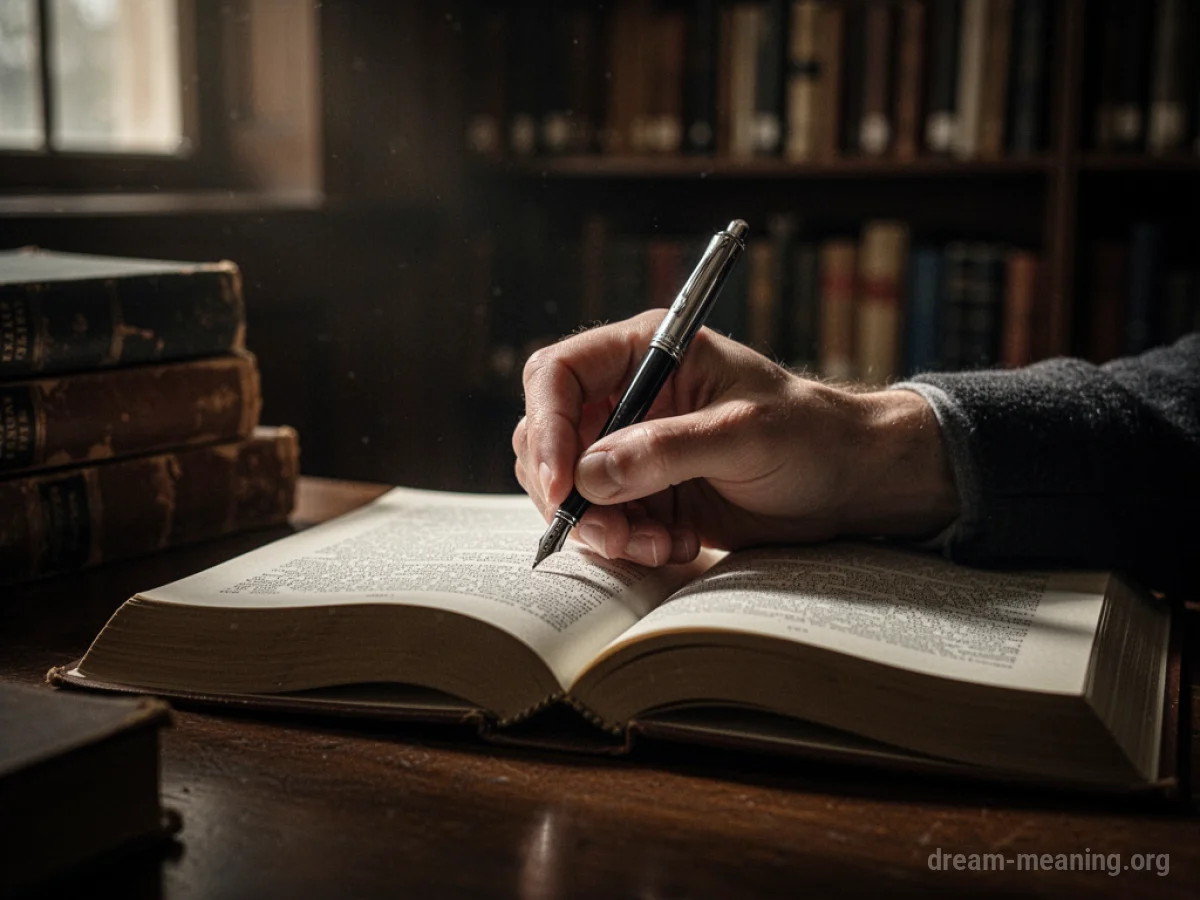 A close-up view of a hand holding a pen, writing on a page of an open book.