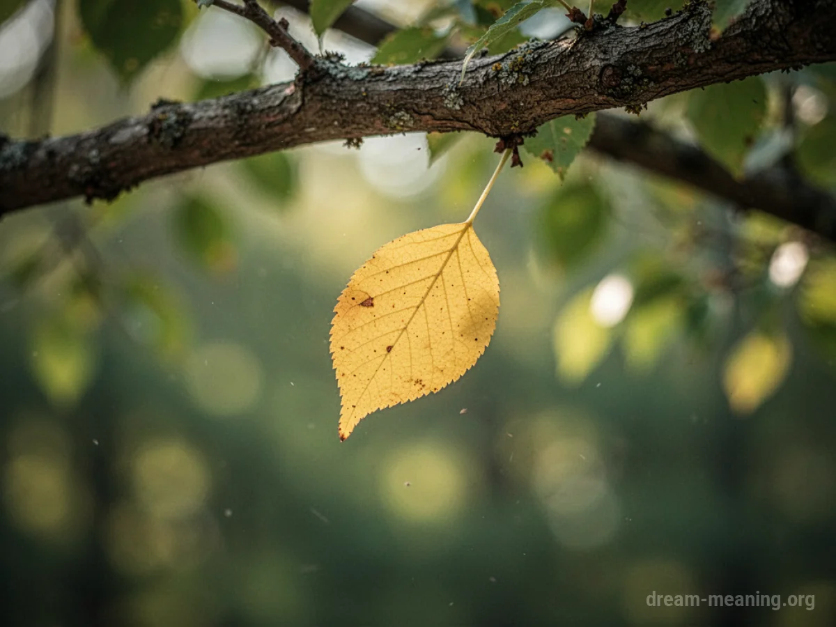 A single yellow leaf detaching from a tree branch.