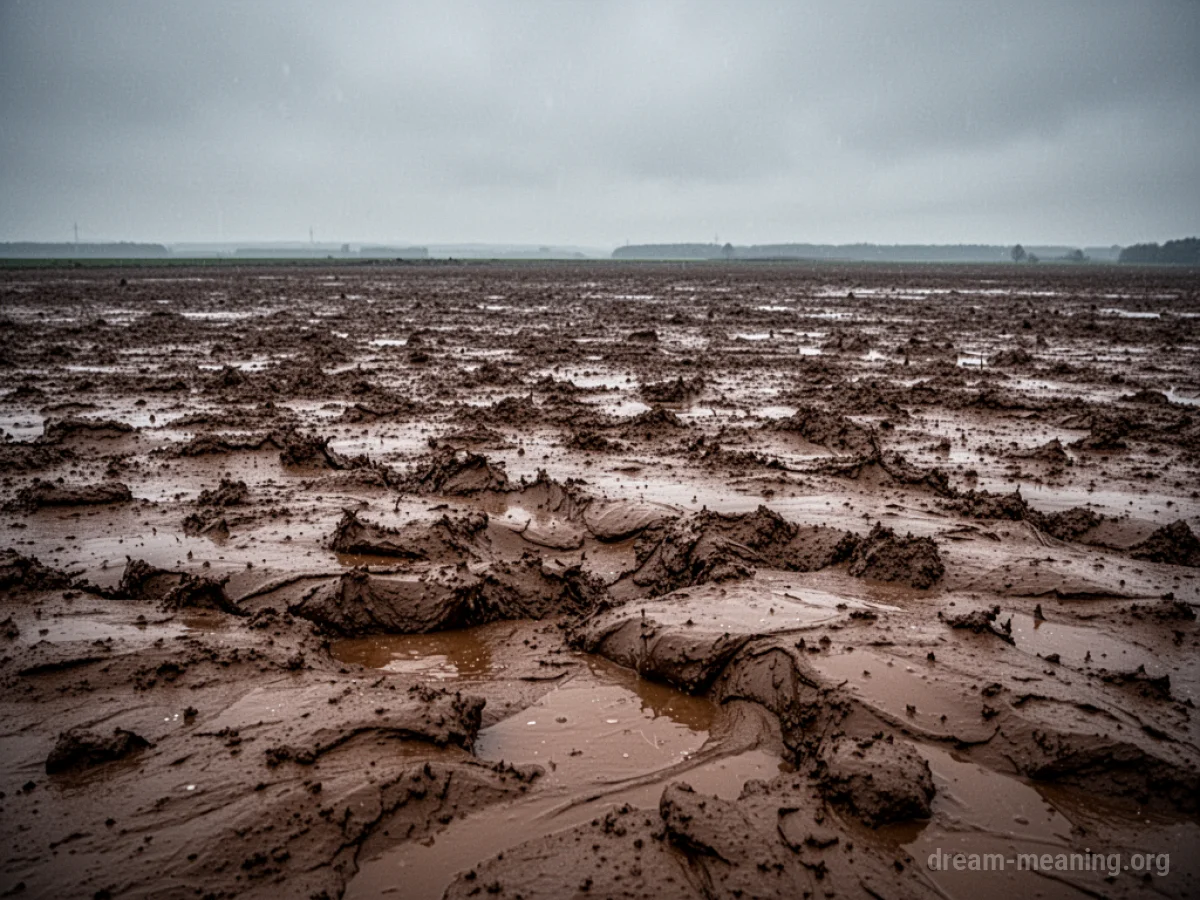 A wide field covered entirely in deep, viscous mud.