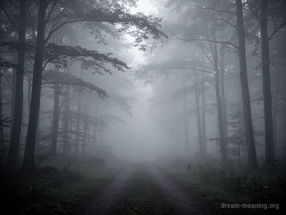A foggy path leading into a dark forest.