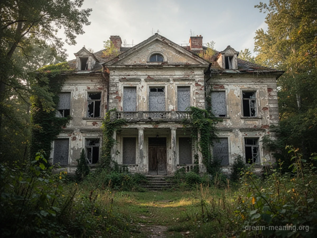 An old, dilapidated mansion with vines growing on its walls and broken windows.
