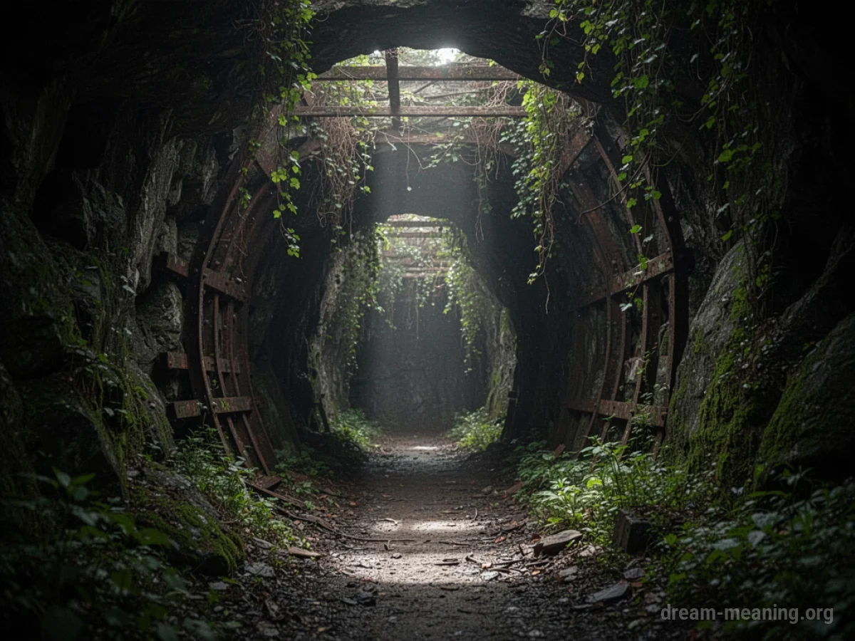 Overgrown entrance to a dark mine shaft.