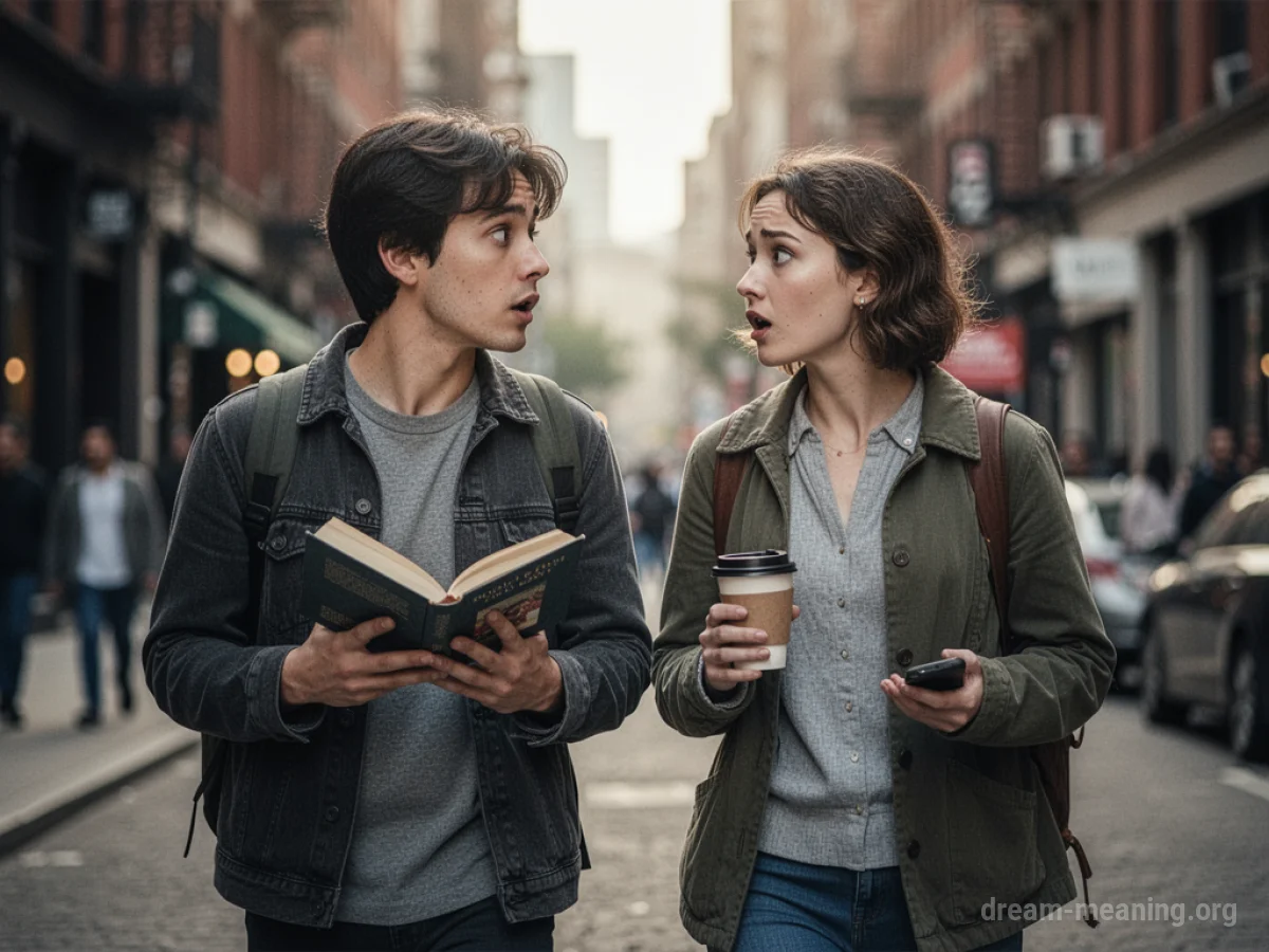 Two people on a street turning to look at each other with surprise.