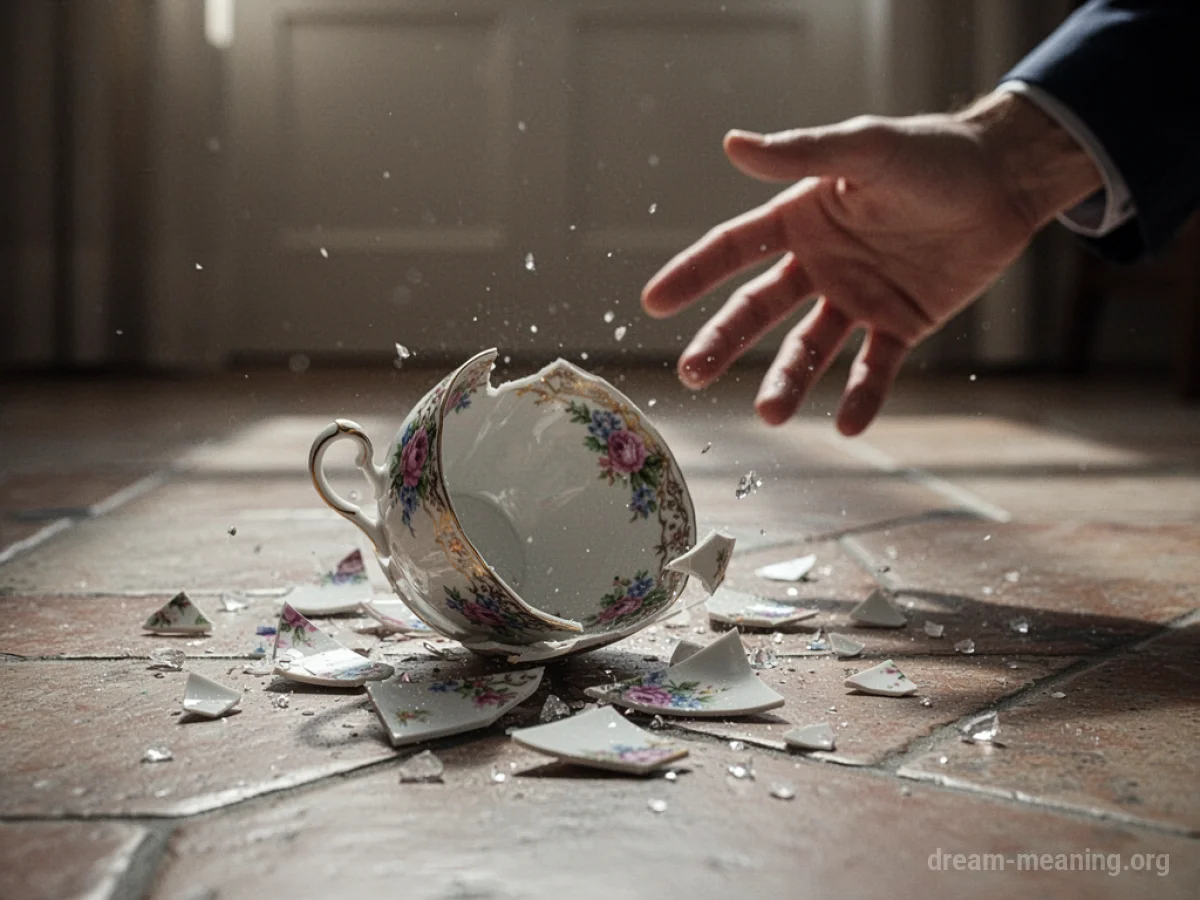 A hand reaching for a teacup that is falling towards a floor.