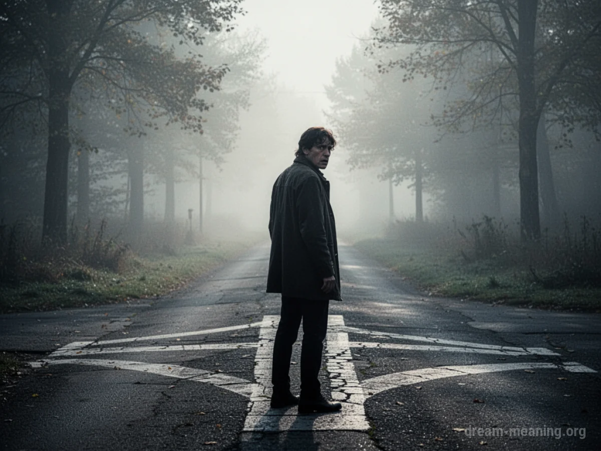 A lone silhouetted figure pauses on a path, glancing back into a misty, indistinct area.