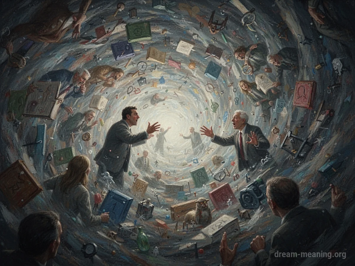 Abstract swirling shapes with faint distorted figures arguing inside.