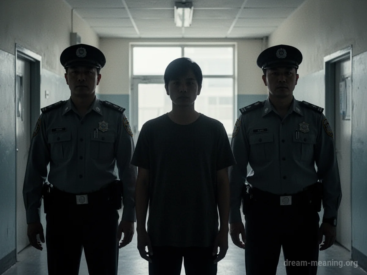 Silhouette of a person being escorted by two uniformed figures.