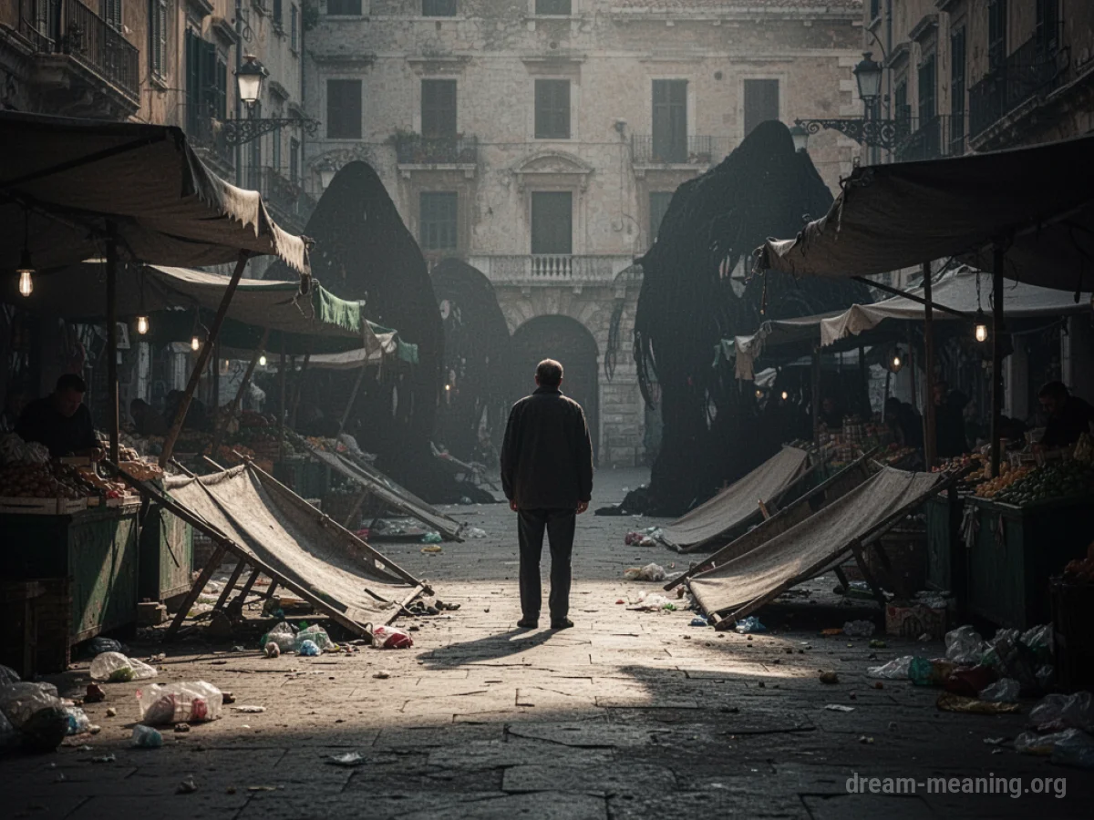 A person standing alone in a dimly lit, empty market with overturned stalls.