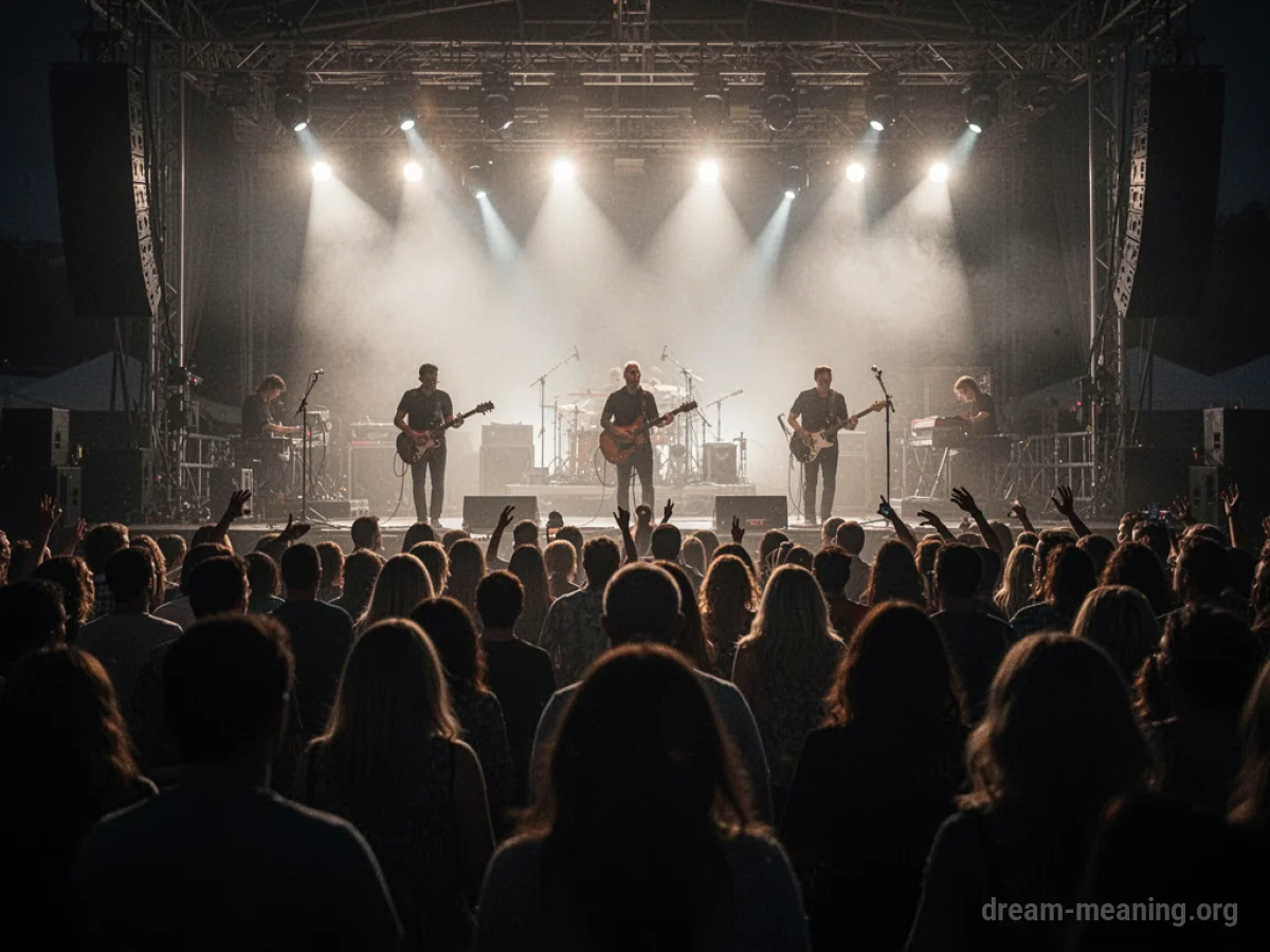 Silhouettes of people in a crowd facing a stage with lights.