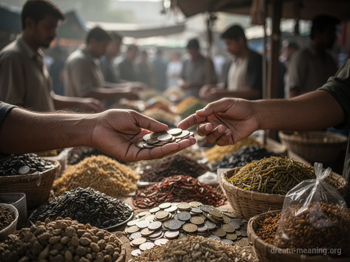 A close-up of two hands exchanging items at a market stall.