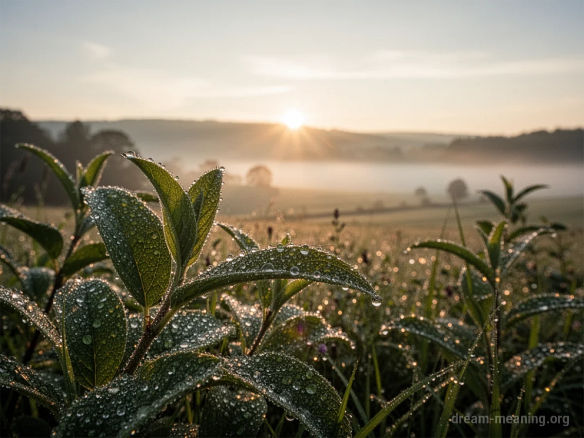 A tranquil landscape at sunrise with golden light.