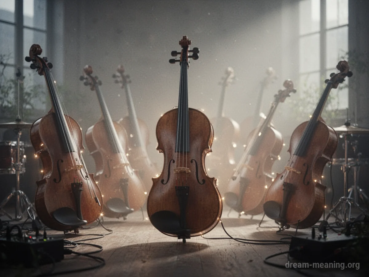 Soft, glowing light emanating from behind musical instruments.