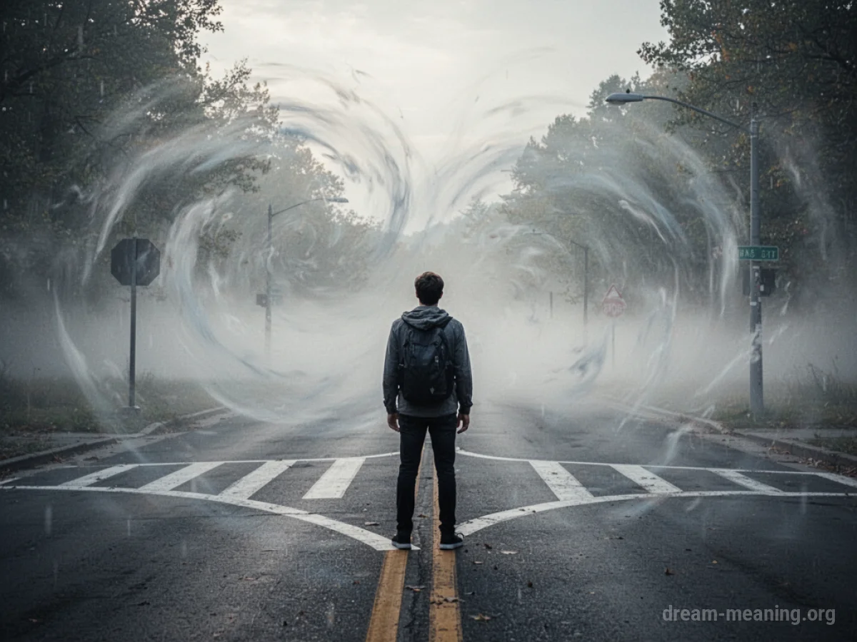 A figure stands at a foggy intersection, unable to discern the correct path forward.