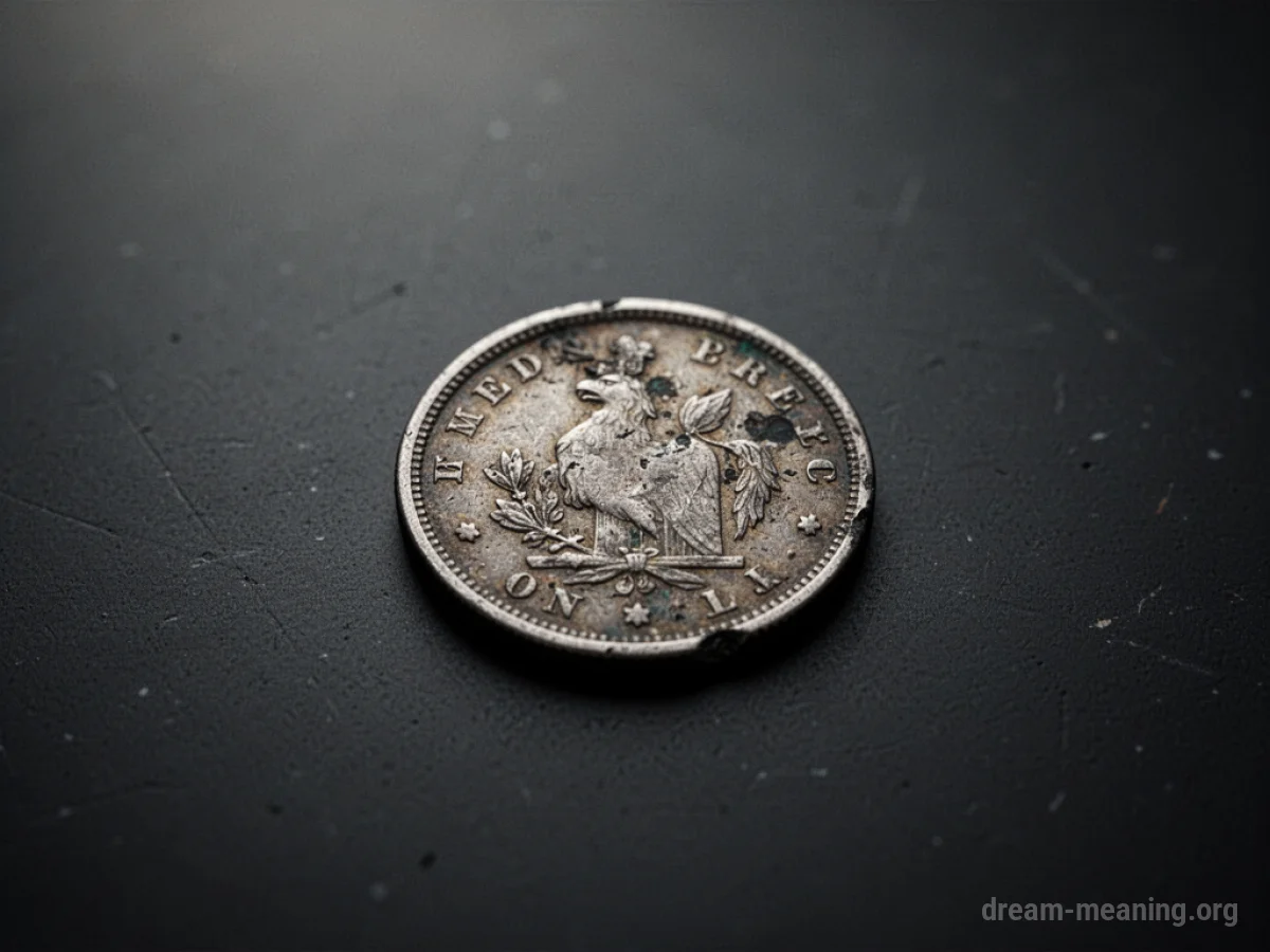 A single, old coin lying on a dark, empty surface.