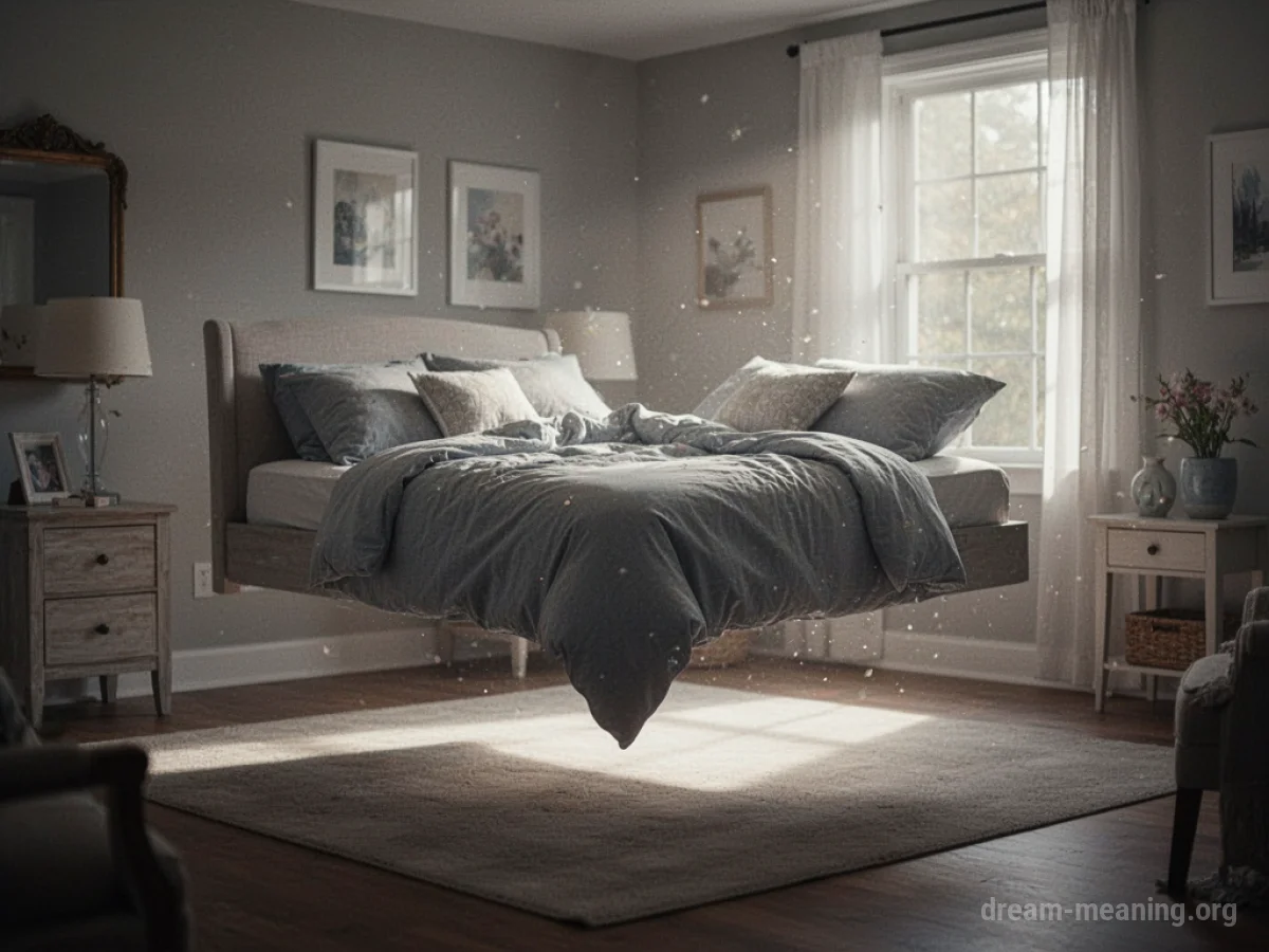 A bed suspended and moving slowly through a room.