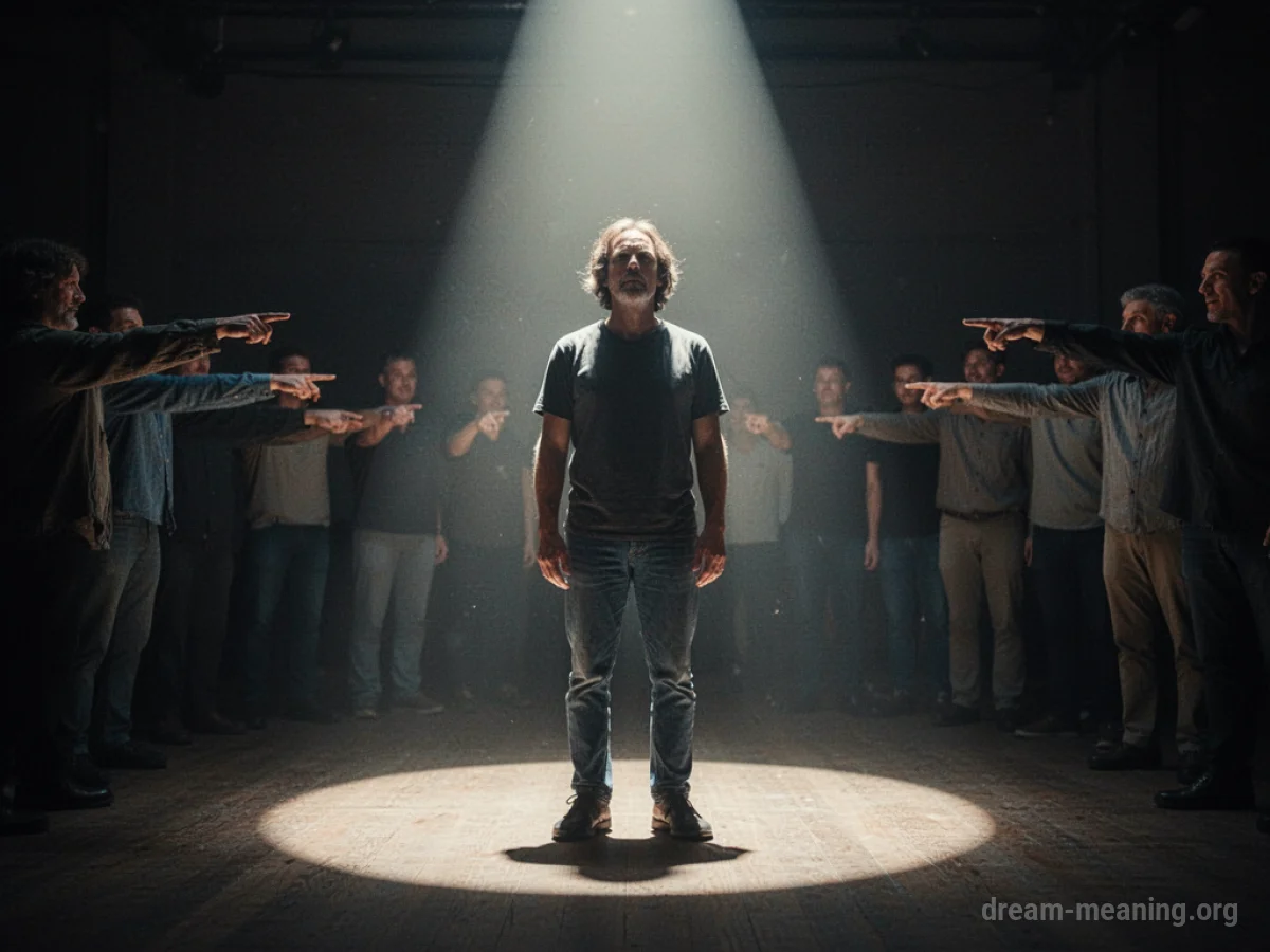 A person is illuminated by a spotlight while indistinct figures point.