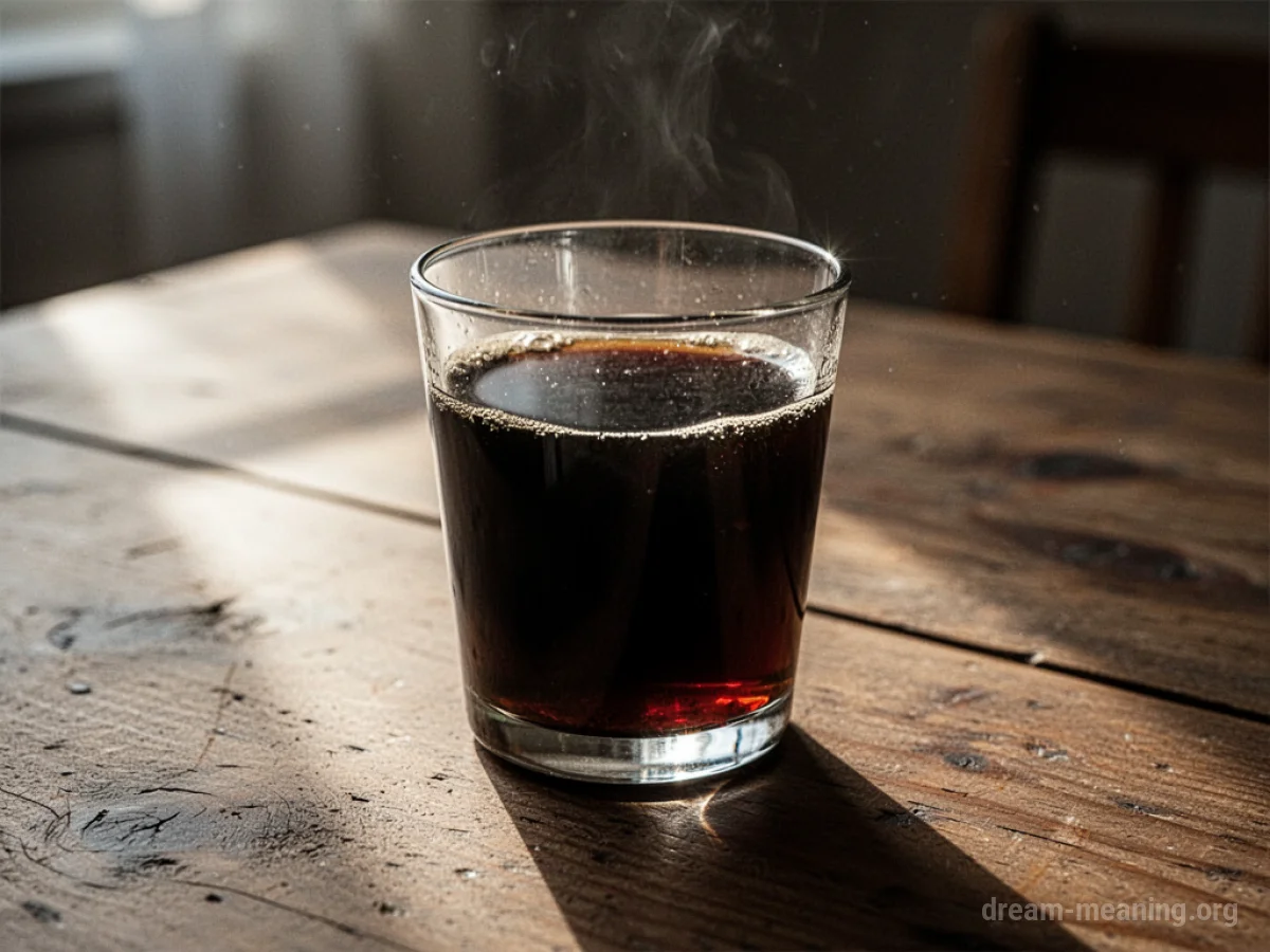 A glass containing a dark liquid.