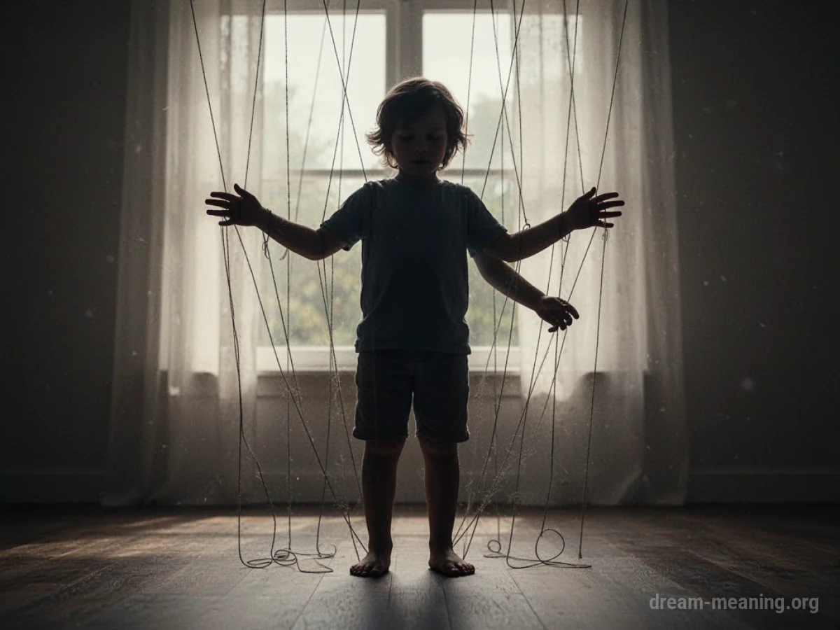 Silhouette of a person with puppet strings attached to their limbs.