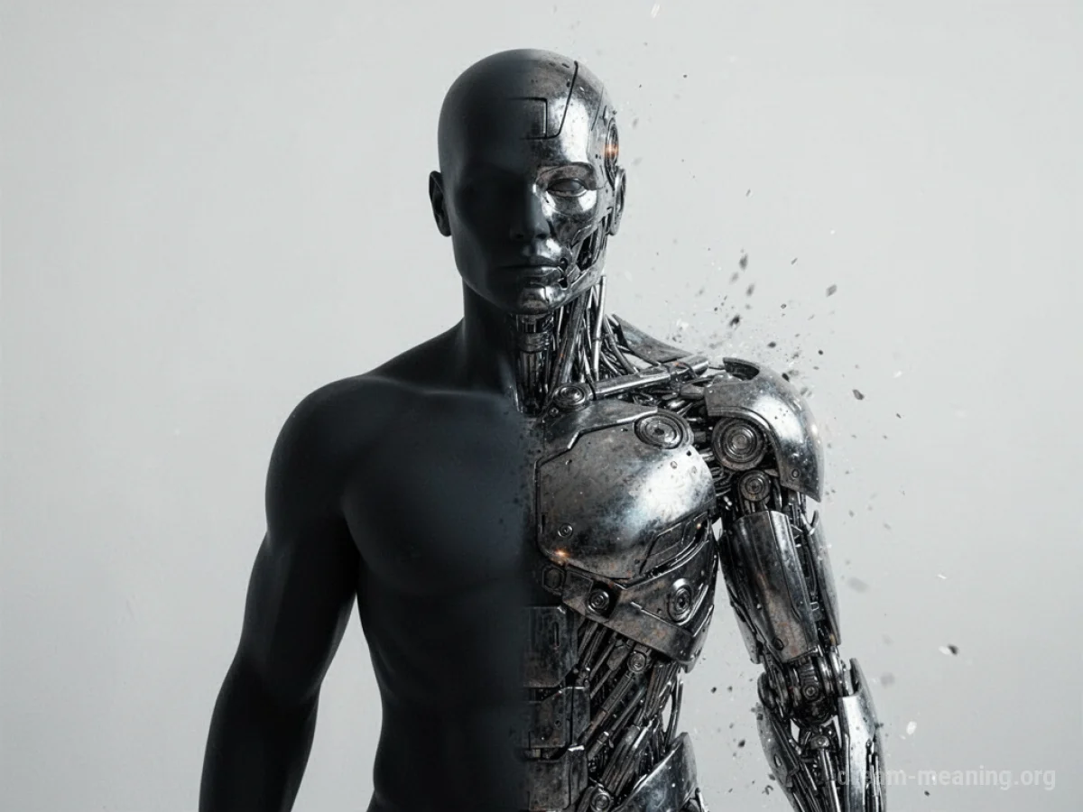 Silhouette of a person with metallic parts replacing flesh.