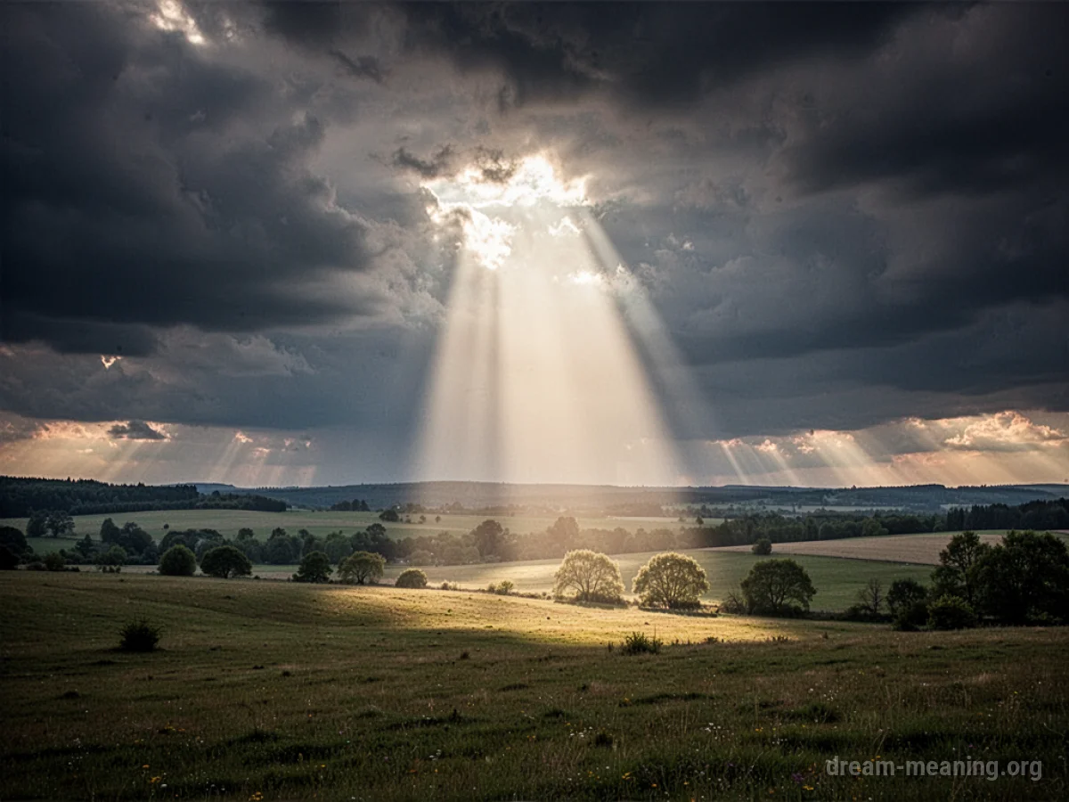 Sunlight breaking through clouds over a landscape.