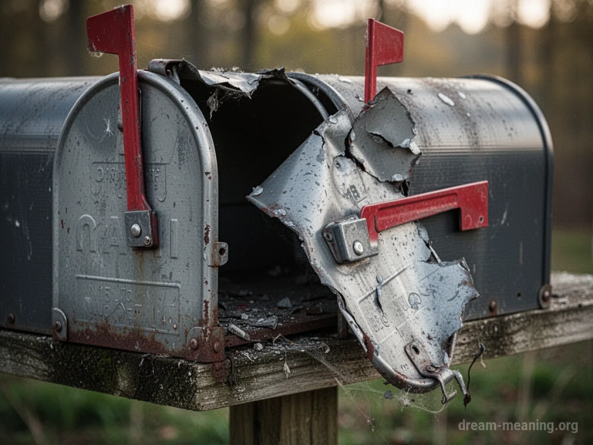 A dilapidated mailbox with a broken door in an outdoor setting.