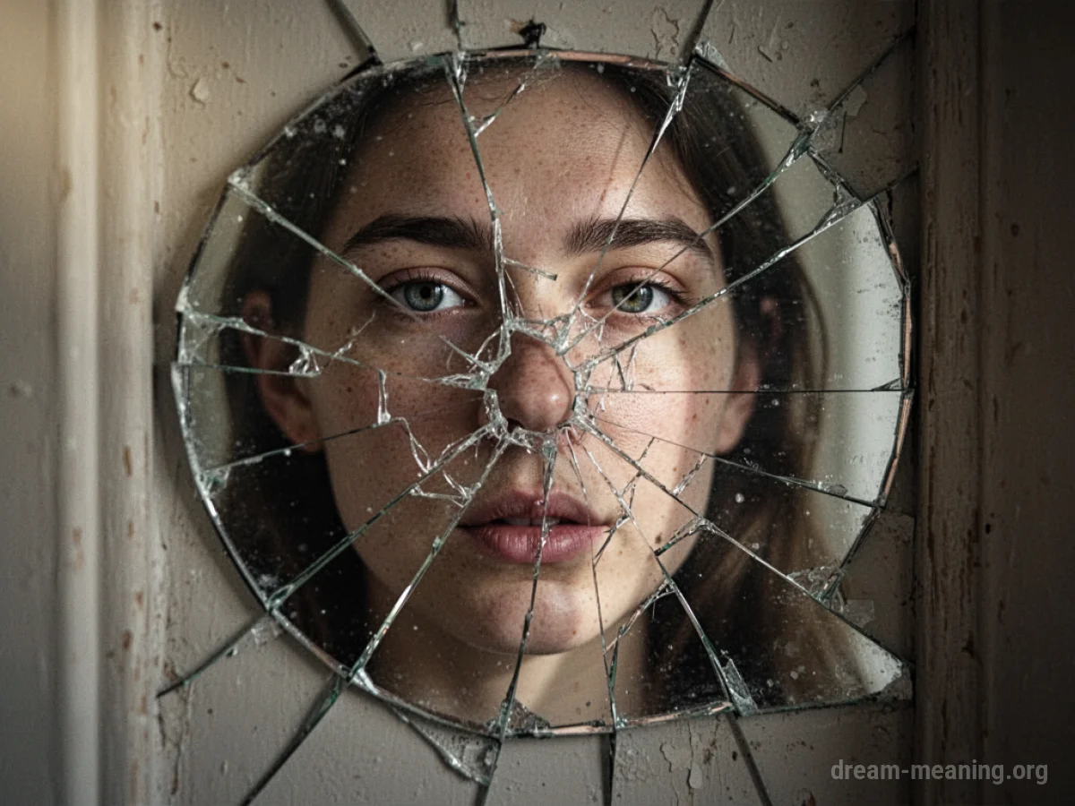 A mirror with multiple cracks across its surface, distorting the reflection.