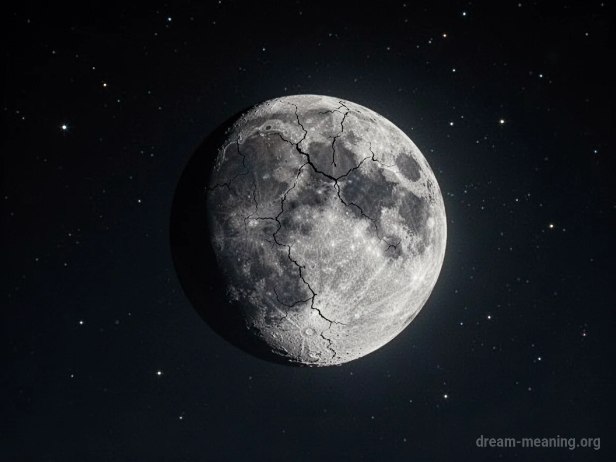 A moon with visible cracks across its surface in the night sky.