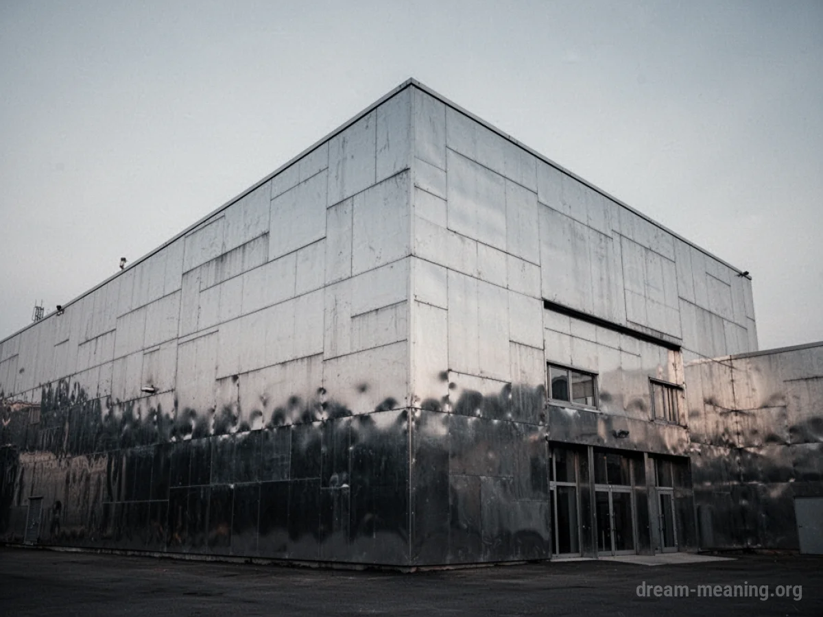 A large, featureless building made of shiny metal panels.
