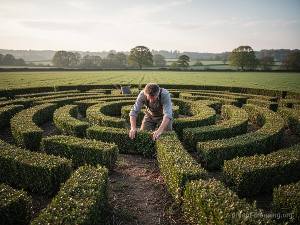 A person constructing a hedge maze in an open field.