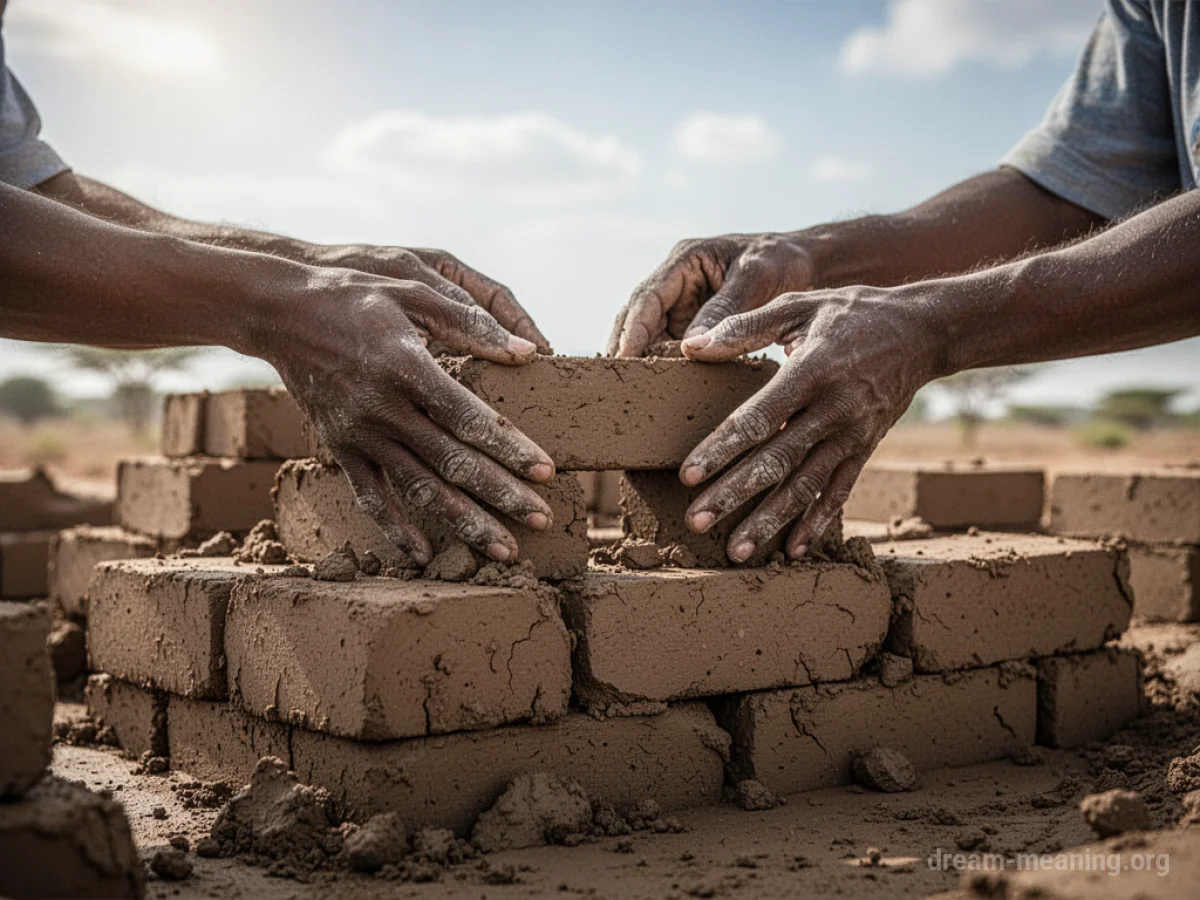 Hands shaping mud bricks into a wall.