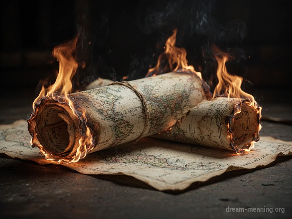 A map with flames licking at its edges.