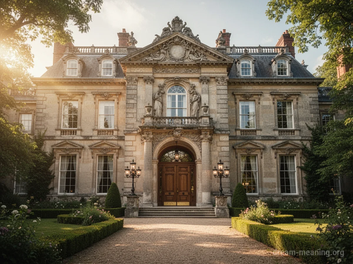 A large, well-maintained mansion with a red carpet leading to the front door.
