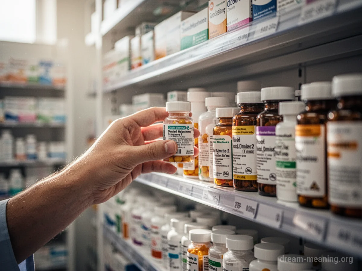 A person's hand reaching for a medicine bottle on a pharmacy shelf.