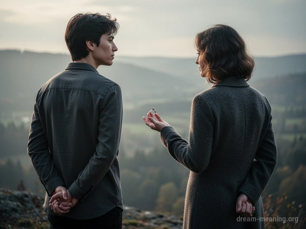 A person with clasped hands behind their back avoids looking at someone offering a ring.