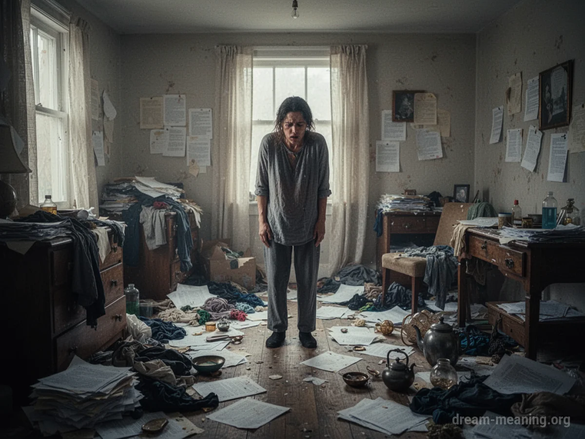 A person stands in a very messy room filled with scattered items.