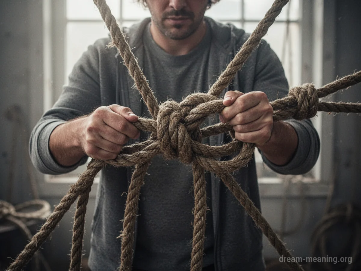 A person struggling with a large, tangled knot of ropes.
