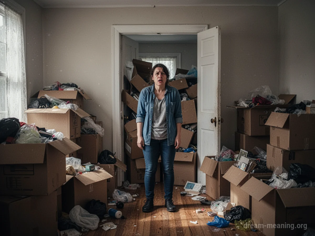 A person trapped in a room overflowing with disorganized items and boxes.