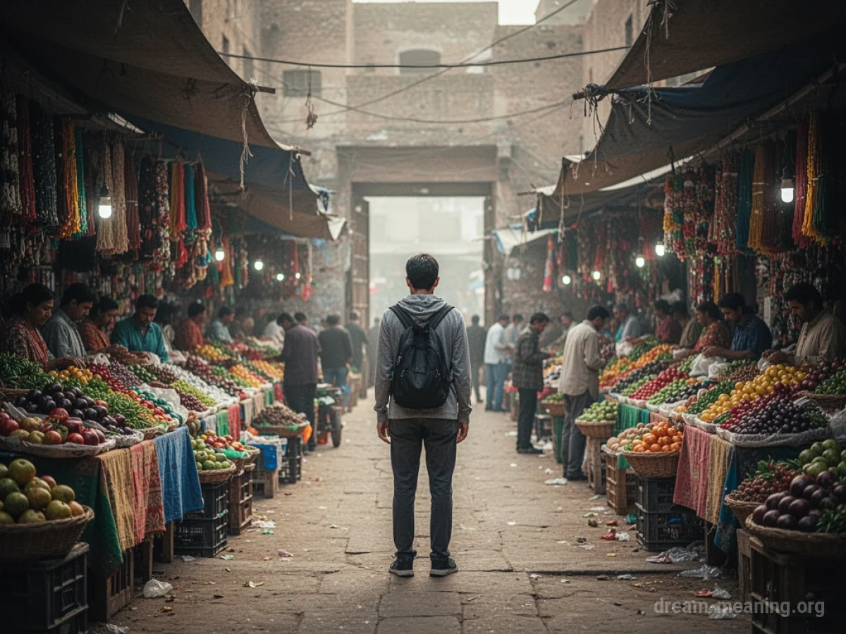 A person stands at the edge of a busy marketplace, looking towards an exit.