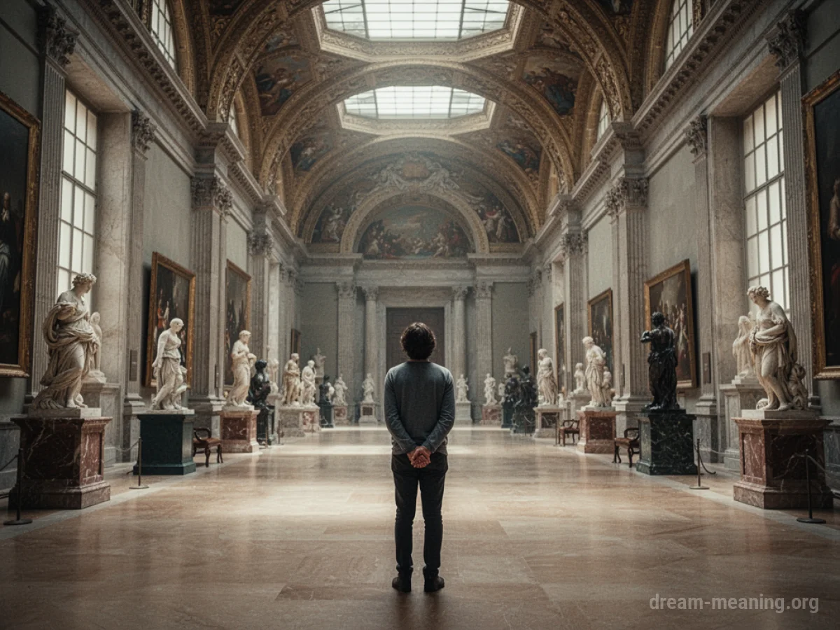 A person stands alone in a grand museum hall, surrounded by displays, searching for an exit.