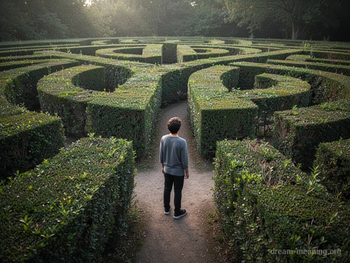 A person at a branching path in a tall hedge maze.