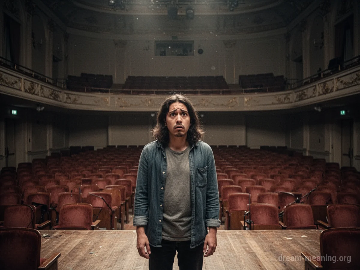 A person standing alone in a vast, empty concert hall.