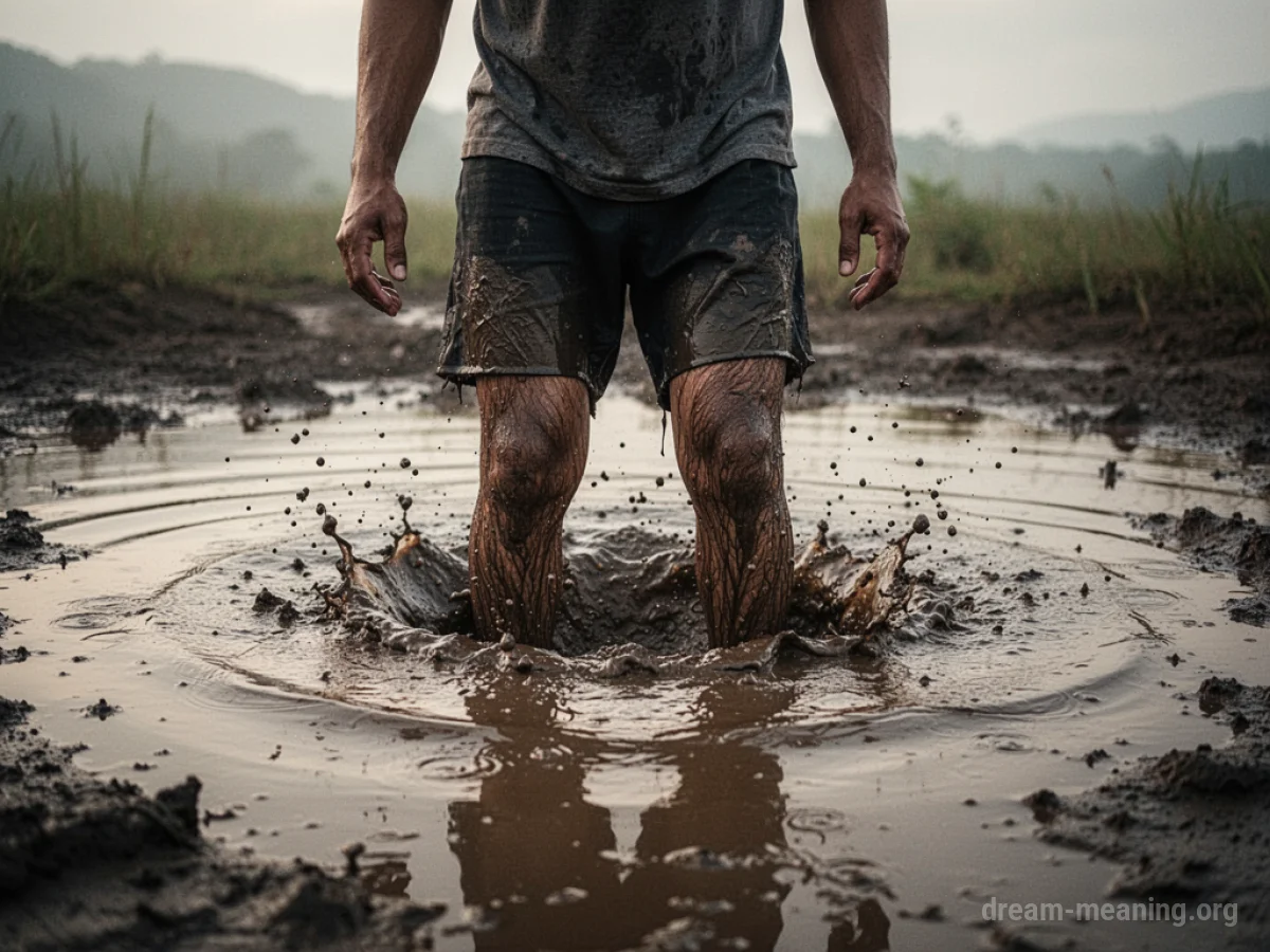 A person's legs are submerged in dark, viscous mud.