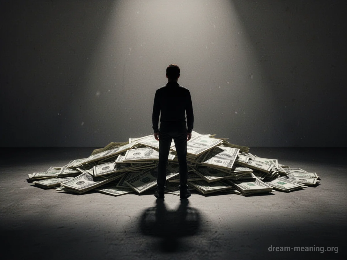 Silhouette of a person facing a stack of bills in a dimly lit room.