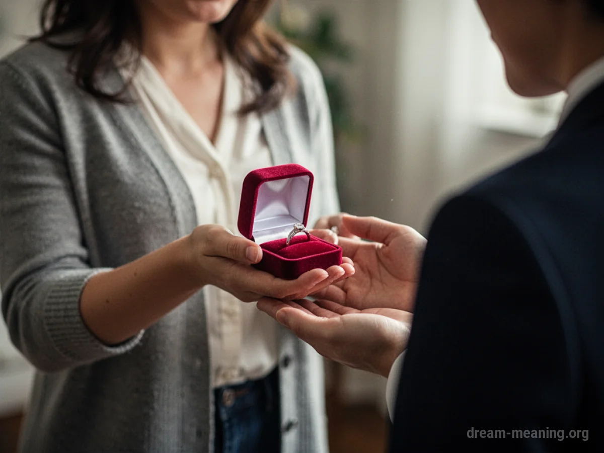 A person holds an open ring box, arm held back.