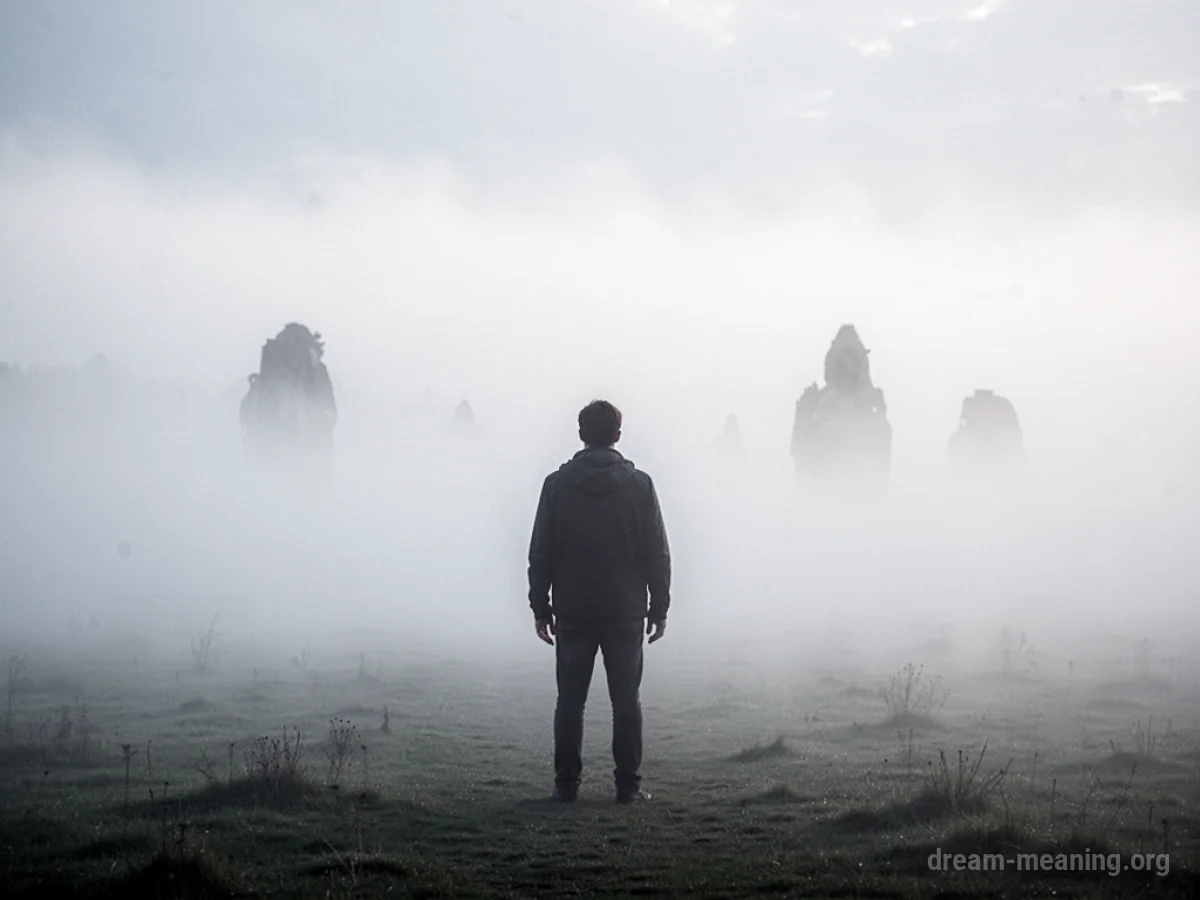 Silhouette of a person in dense white fog.