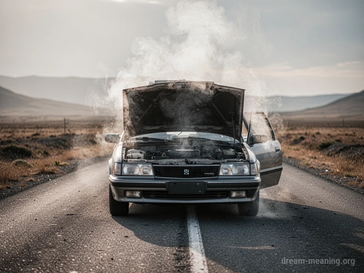 A car stalled on the side of a road, smoke coming from the engine.