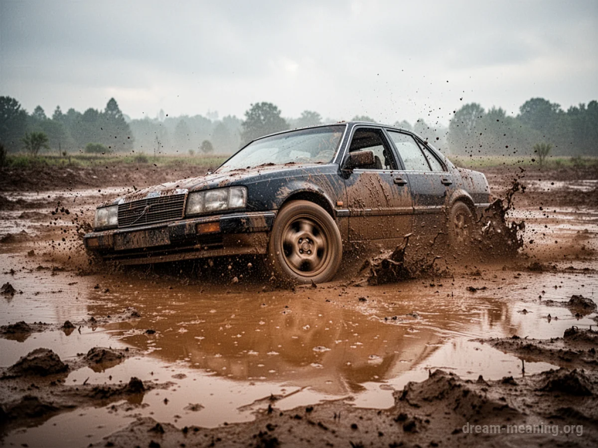 A car with its tires deep in muddy terrain.