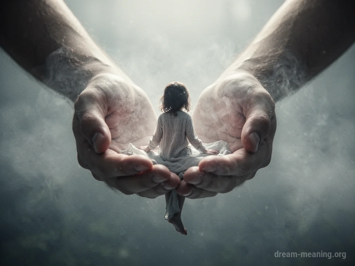 A person being lifted and carried by large, unseen hands.
