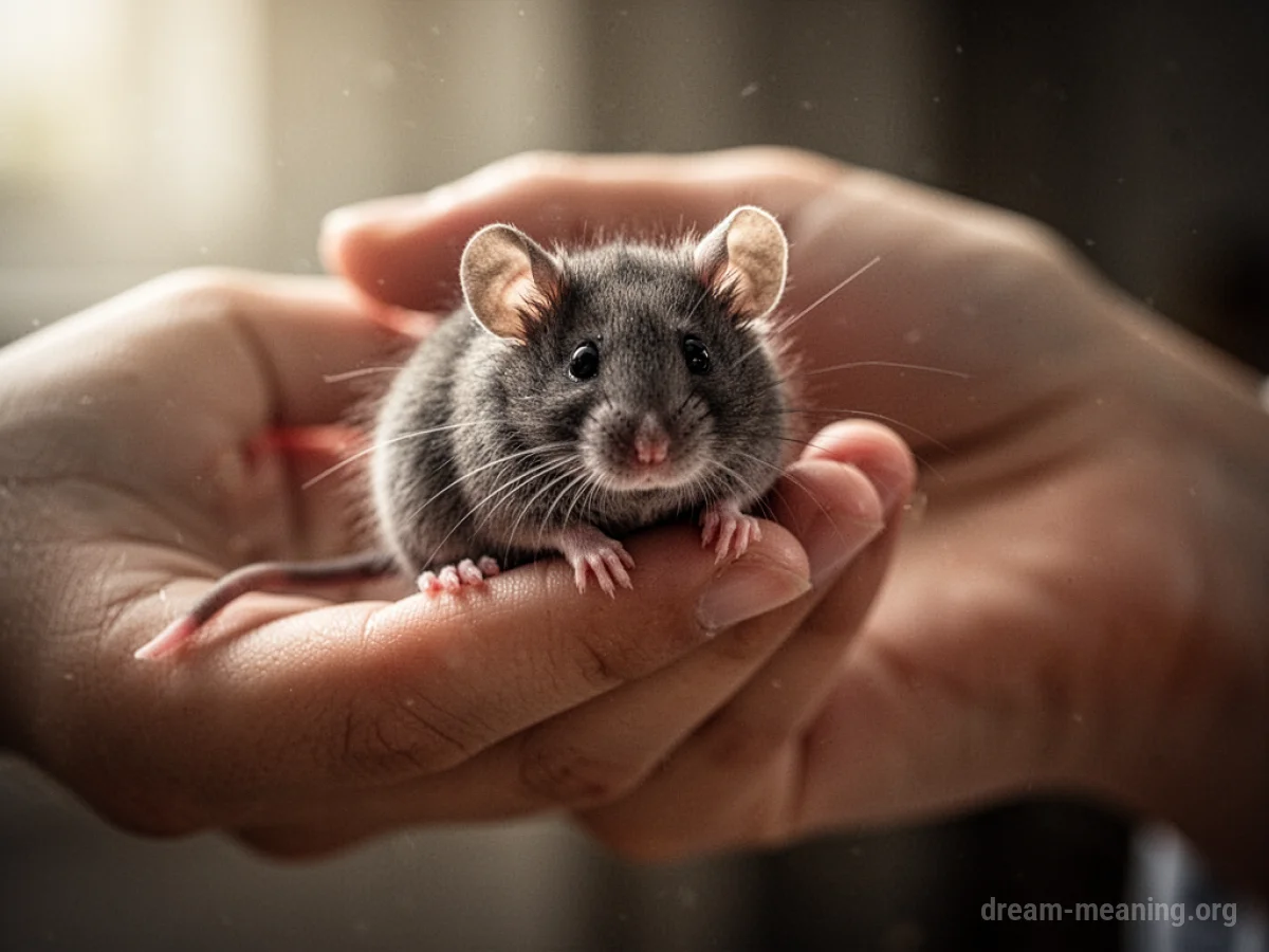 A person's hand holding a small grey mouse.